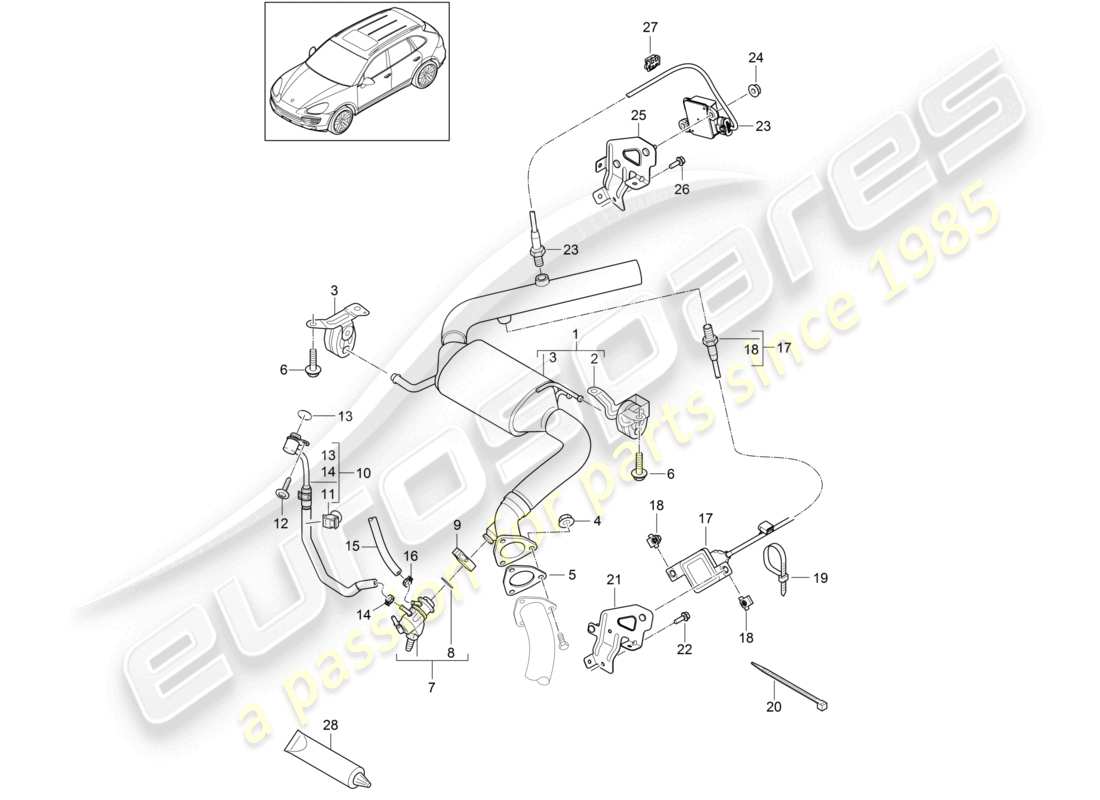 porsche 2011 (cayenne e2 92a) exhaust system catalytic converter injector for reduction agent nox sensor 2 particle sensor part diagram