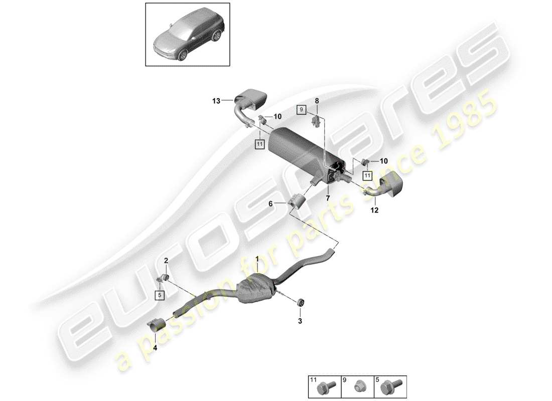porsche 2020 (cayenne e3 9ya/9yb) exhaust system front silencer rear silencer tailpipe part diagram