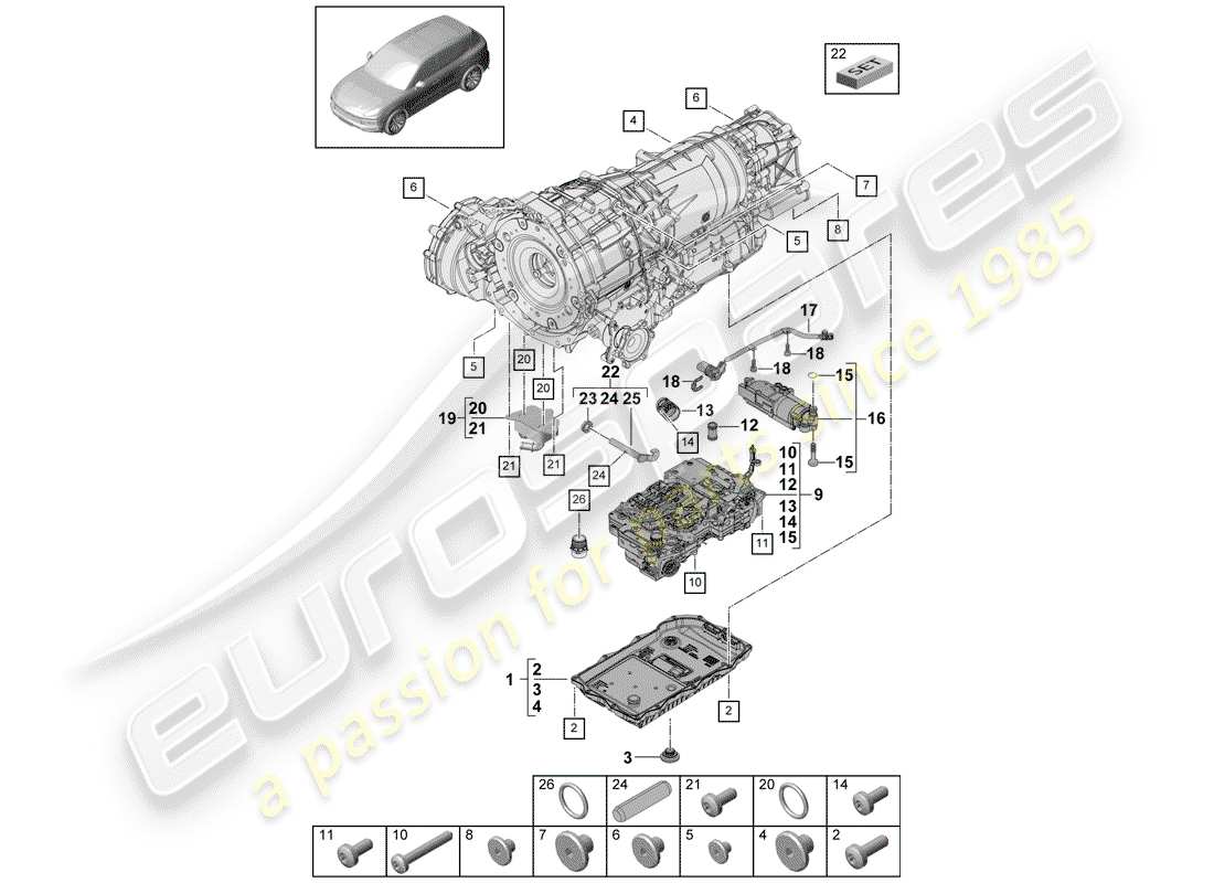 porsche 2020 (cayenne e3 9ya/9yb) 8-speed automatic gearbox for four-wheel drive mechatronic with software oil pump gear oil cooler transmission oil sump part diagram