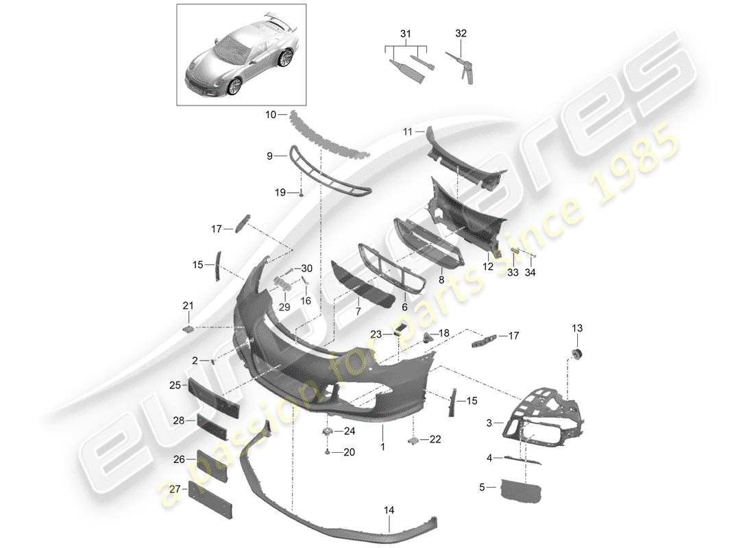 porsche 2016 (991-1 r/gt3/rs) bumper front spoiler d >>- mj 2017 part diagram