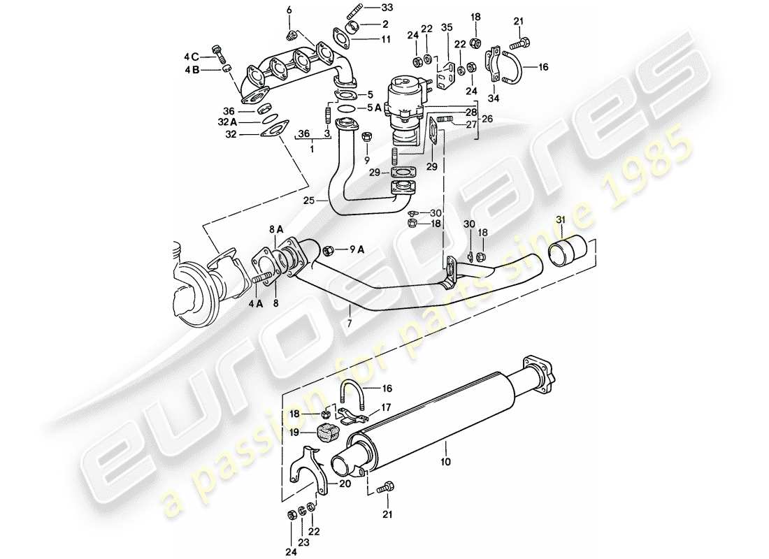 porsche 1977 (924) exhaust system - exhaust silencer, front parts diagram