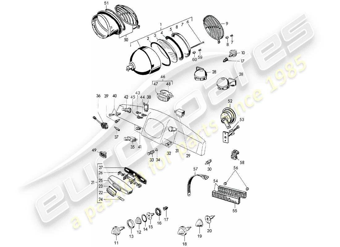 porsche 1950 (356/356a) headlamp - and - switch part diagram
