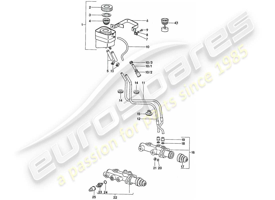 porsche 911 (1975) brake master cylinder - for cars without - brake booster part diagram