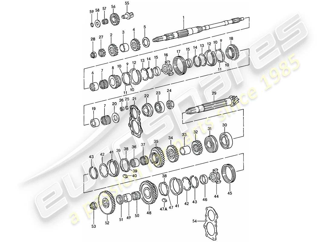 porsche 1985 (911) gears and shafts - 4-speed part diagram