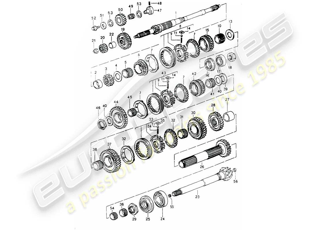 porsche 1989 (964) gears and shafts parts diagram