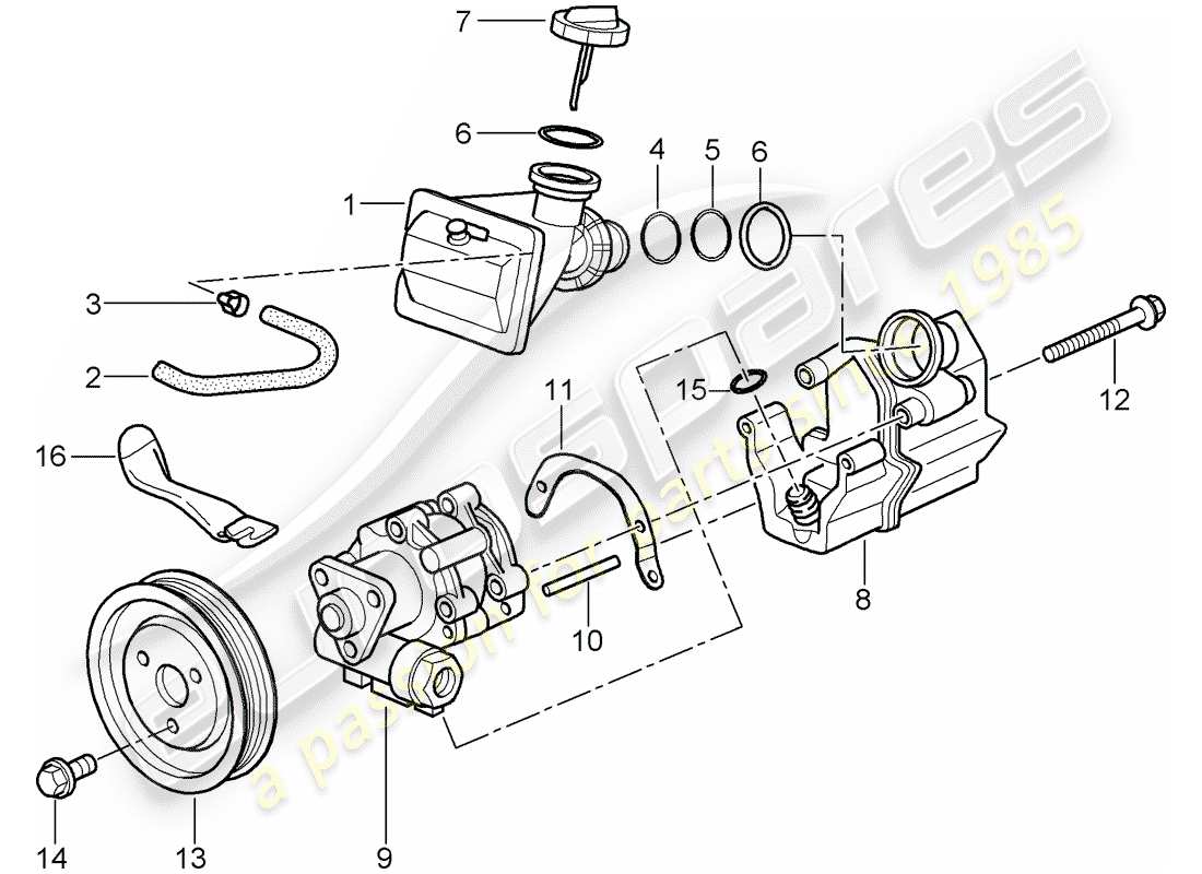 porsche boxster 986 (2000) power steering - power steering pump - for power steering - container parts diagram
