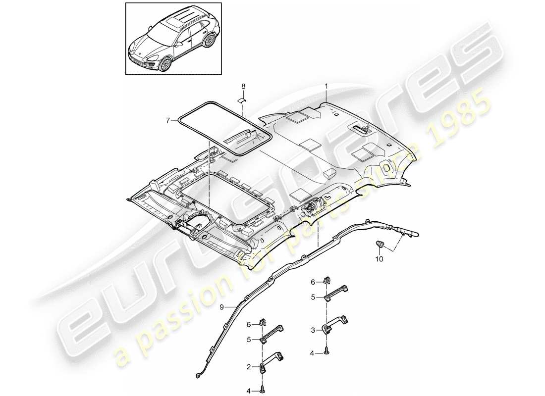 porsche 2011 (cayenne e2 92a) roof trim head airbag unit and accessories part diagram