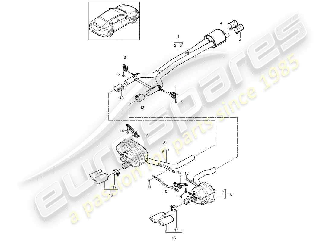 porsche 2014 (panamera 970) exhaust system front silencer rear silencer part diagram