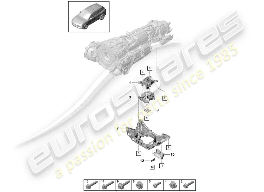 porsche 2018 (cayenne e3 9ya/9yb) gearbox mounting transmission carrier parts diagram