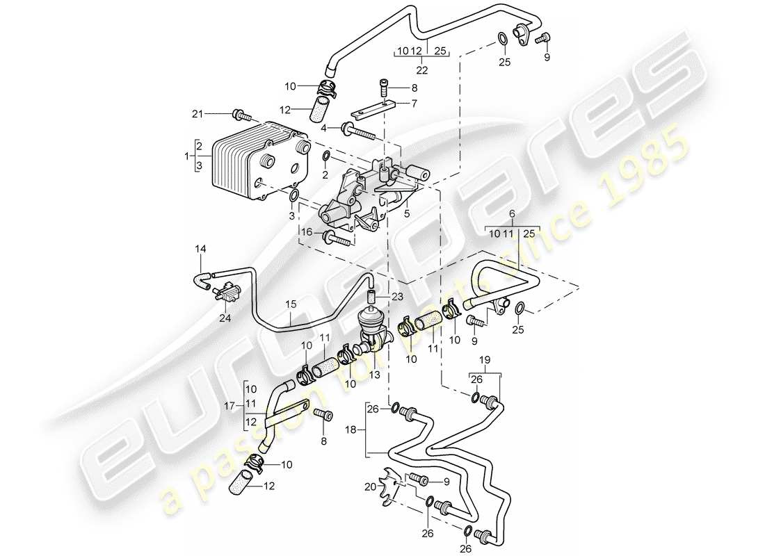 porsche 2007 (987 cayman) tiptronic gear oil cooler oil pressure line for gearbox oil cooling part diagram