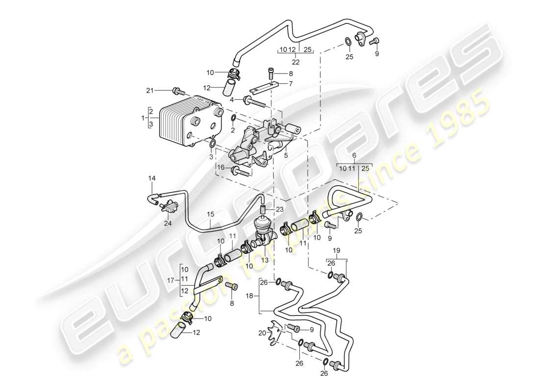 porsche 2006 (987 cayman) tiptronic gear oil cooler oil pressure line for gearbox oil cooling part diagram