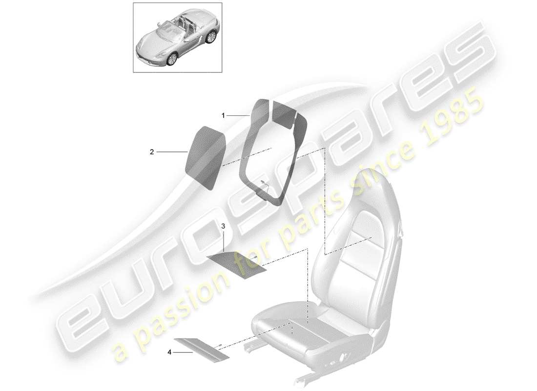porsche 2019 (718 boxster) heater element backrest bolster heater elem. backrest heater element seat and seat side heater element parts diagram
