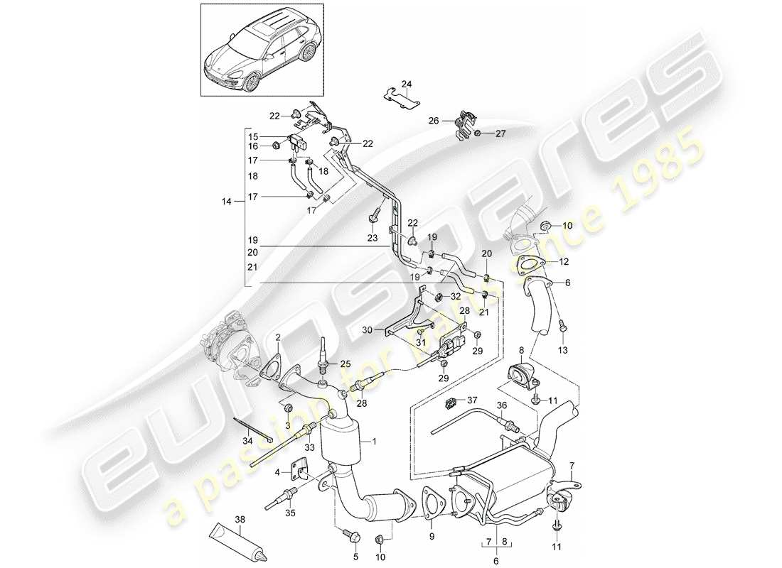 porsche 2014 (cayenne e2 92a) exhaust system exhaust pipe with catalyst diesel particulate filter control line part diagram