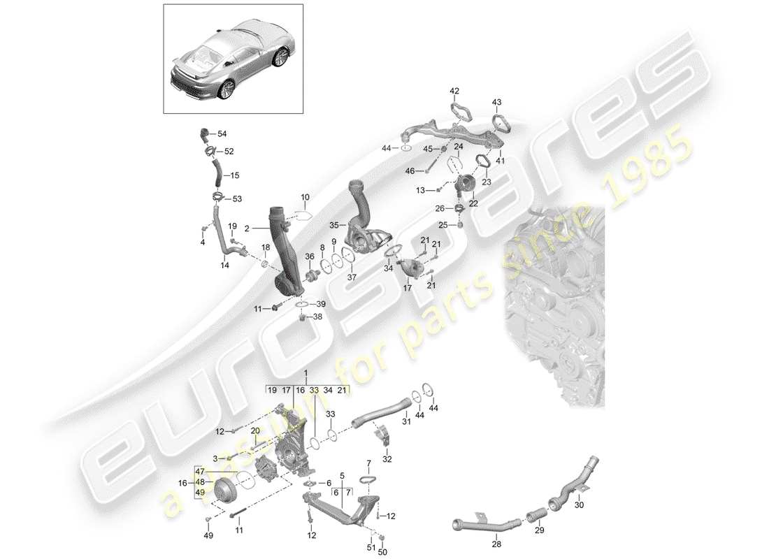 porsche 2015 (991-1 r/gt3/rs) coolant pump coolant pump housing part diagram