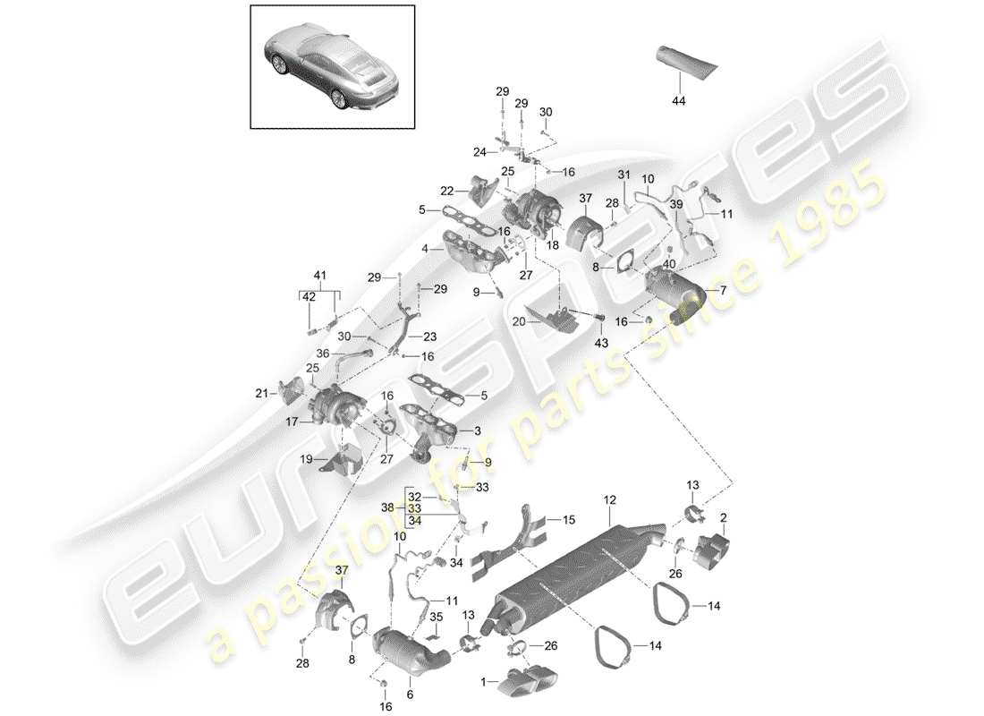 porsche 2015 (991-1 turbo) exhaust system exhaust gas treatment system exhaust gas turbocharger part diagram
