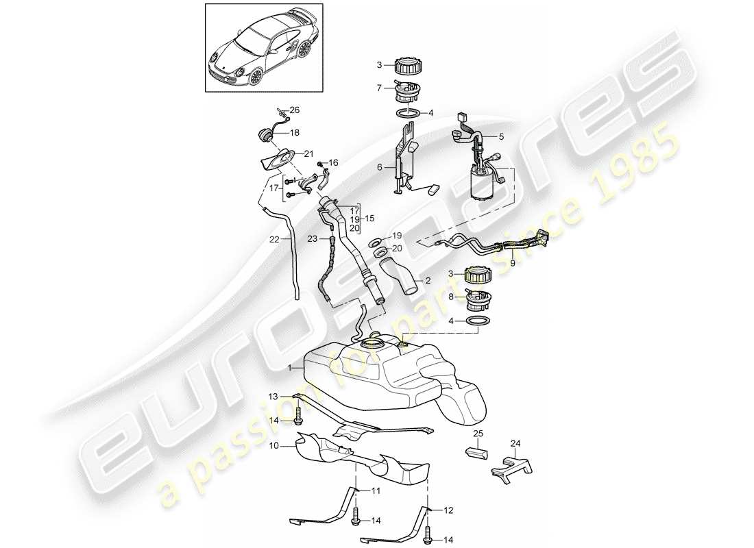 porsche 2013 (997-2 turbo / gt2 rs) fuel tank parts diagram