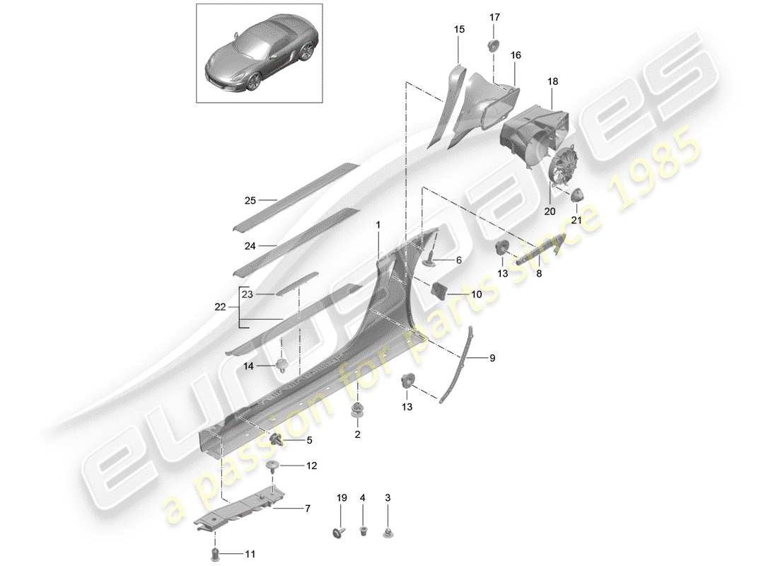 porsche 2016 (981 boxster) side member trim and air guide fan engine bay parts diagram