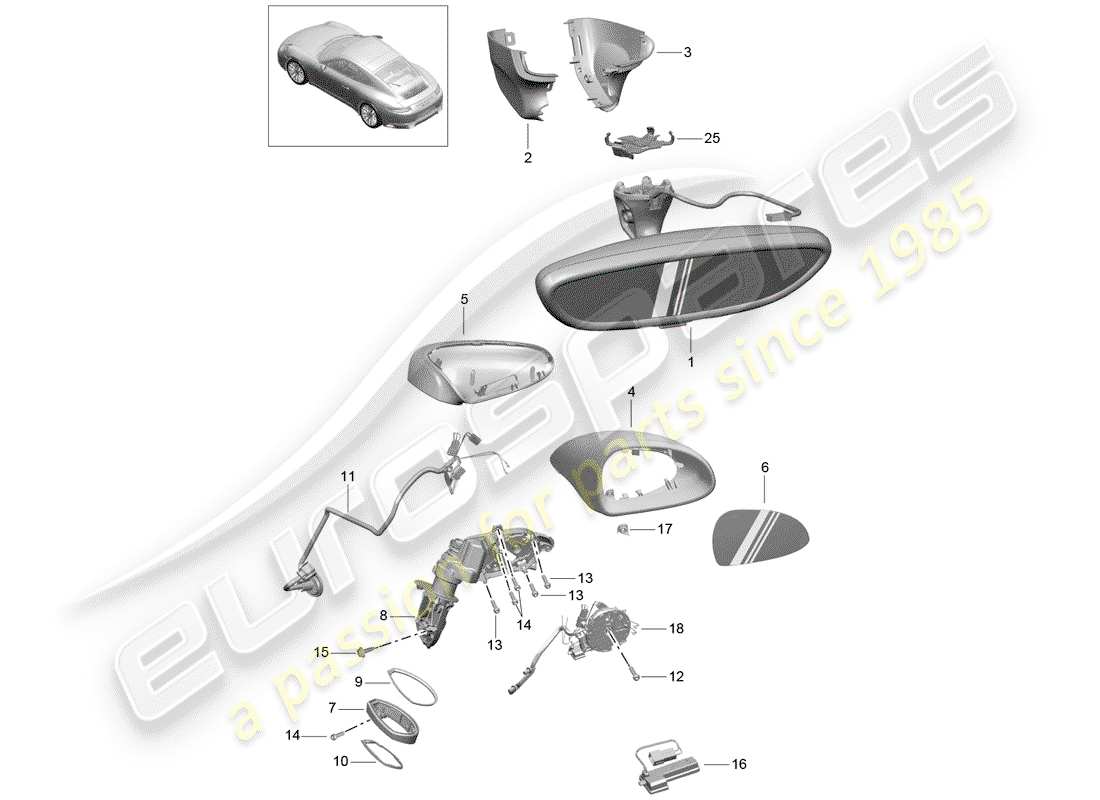 porsche 991 gen. 2 (2017) rear view mirror inner parts diagram