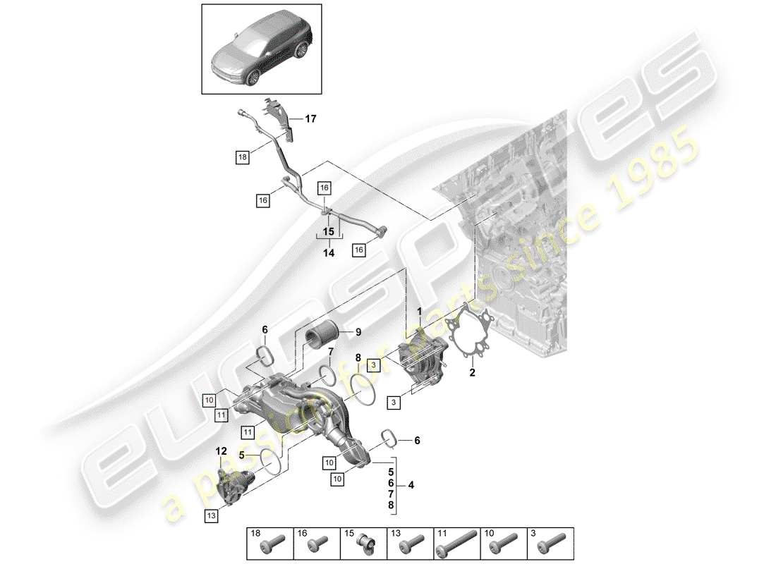 porsche 2019 (cayenne e3 9ya/9yb) coolant pump thermostat housing breather line parts diagram