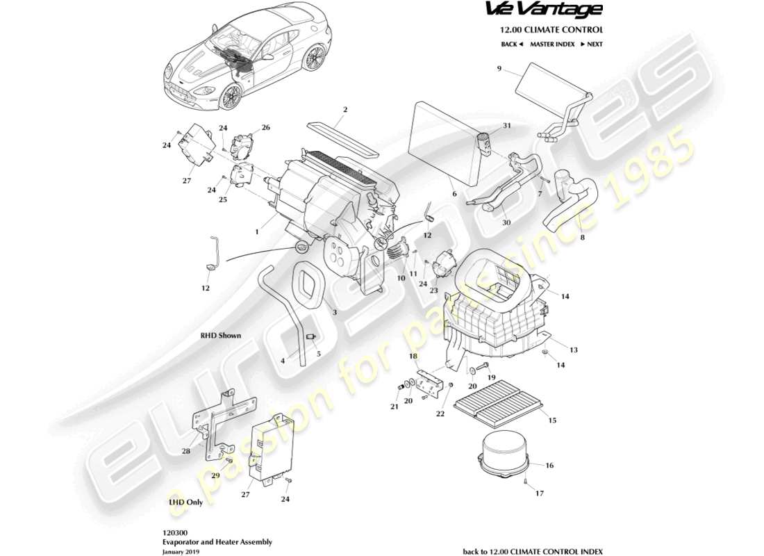 aston martin v12 vantage (2013) evaporator & heater part diagram