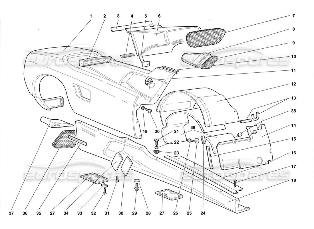 lamborghini diablo roadster (1998) coque elements -right flank parts diagram