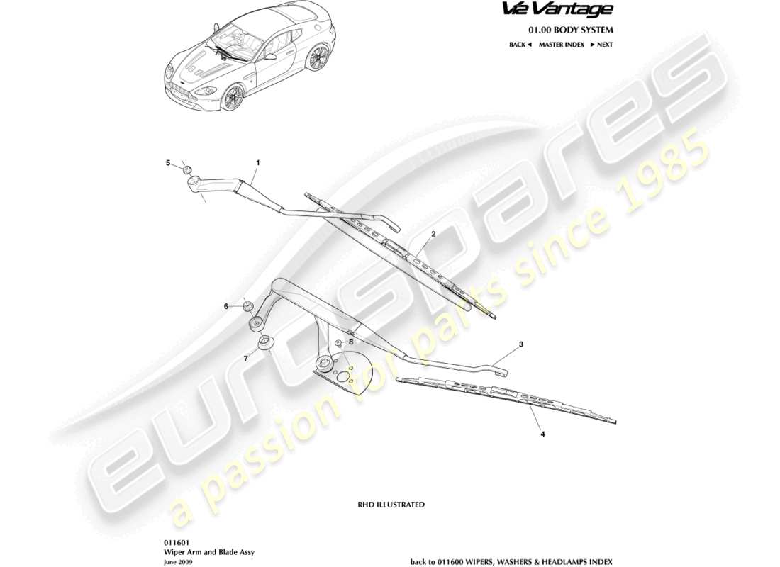 aston martin v12 vantage (2010) wiper blade assembly part diagram