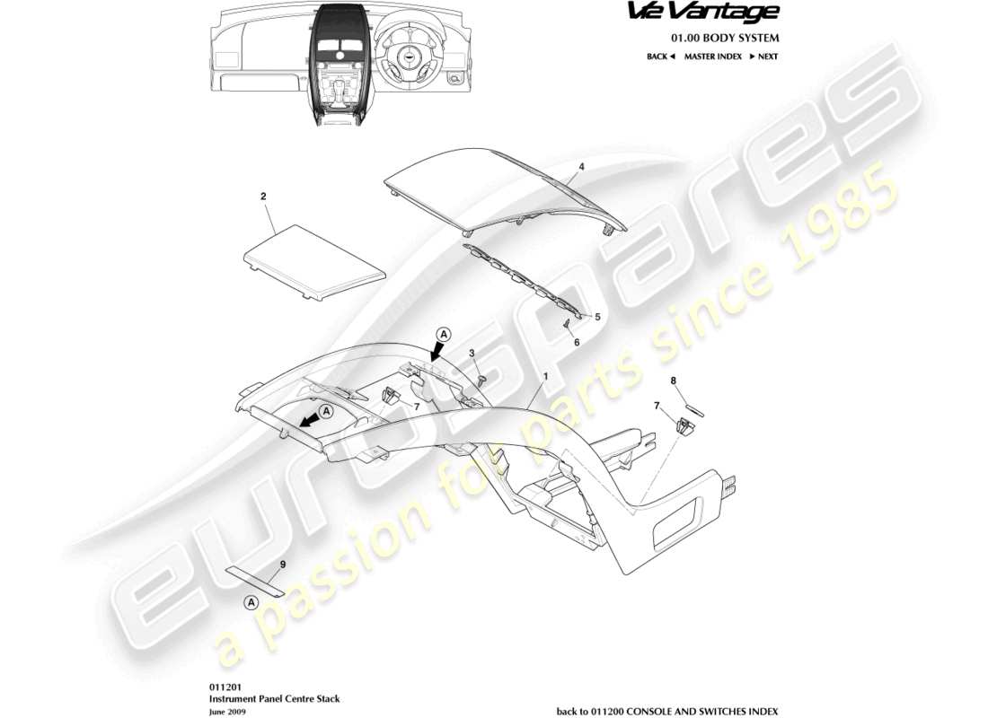 aston martin v12 vantage (2011) centre stack, less sat nav part diagram