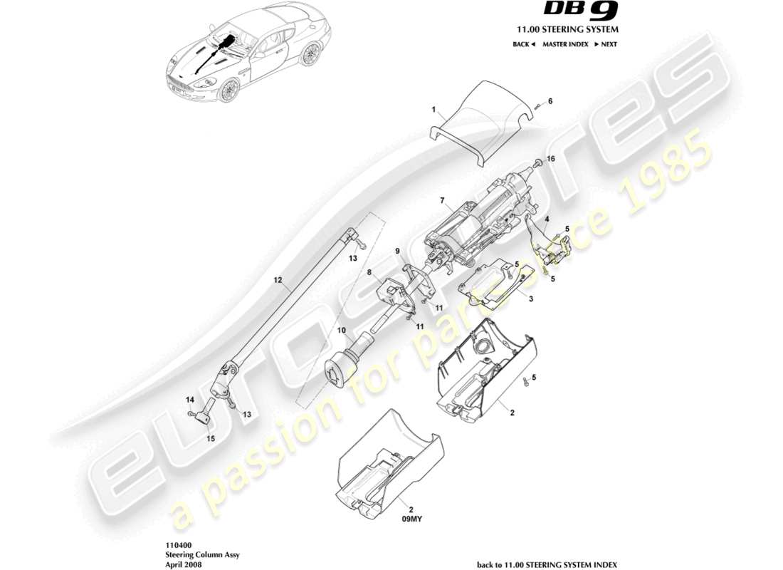 aston martin db9 (2007) steering column assembly part diagram