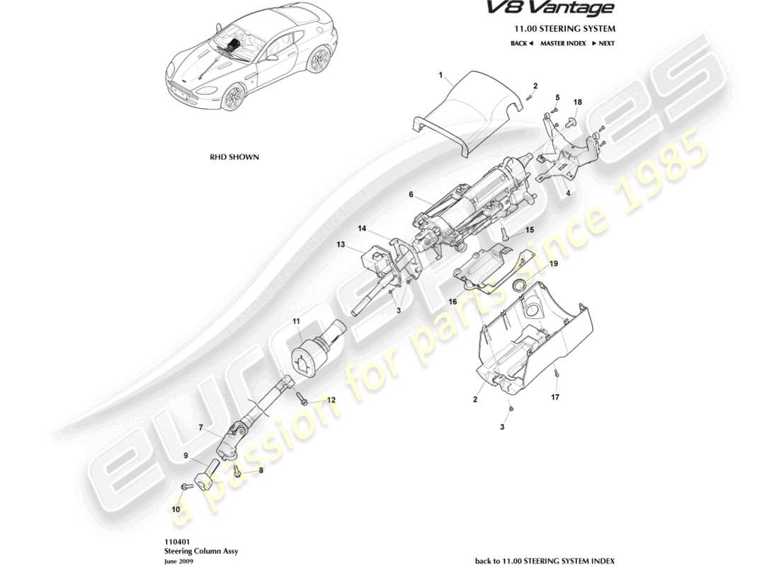 aston martin v8 vantage (2012) steering column assembly part diagram