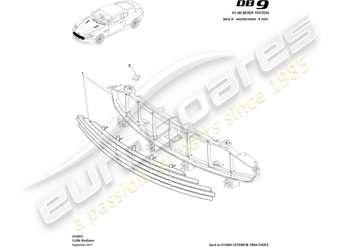 aston martin db9 (2009) radiator grille parts diagram