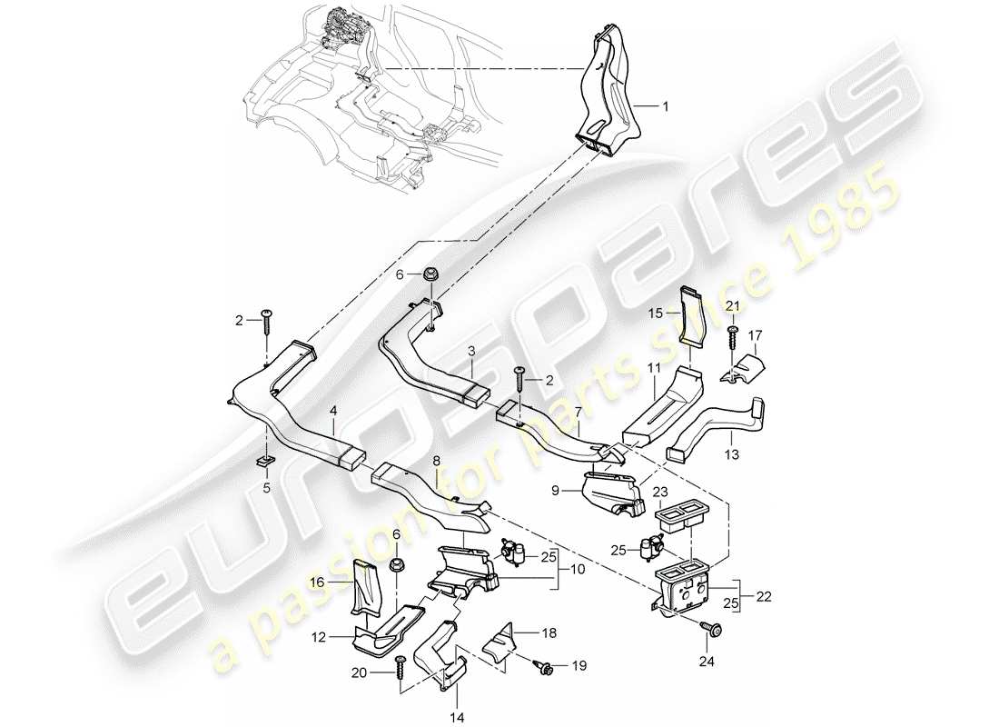 porsche 2008 (cayenne e1 9pa) air duct system for air outlet air conditioning part diagram