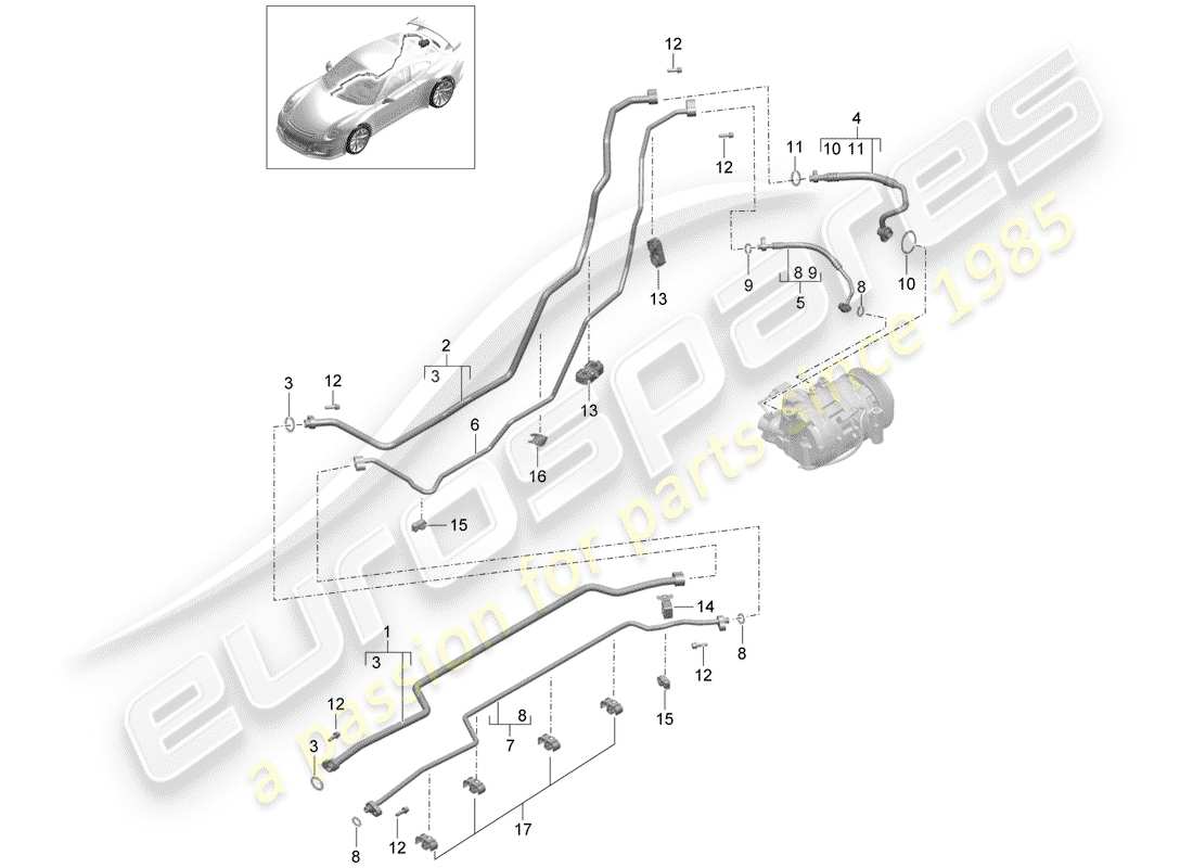 porsche 2014 (991-1 r/gt3/rs) refrigerant circuit underbody and rear end d >>- mj 2017 part diagram
