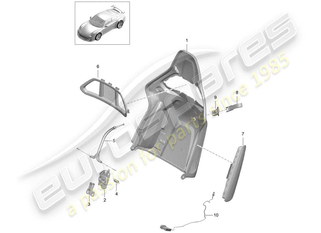 porsche 2016 (991-1 r/gt3/rs) backrest shell bucket seat folding accessories part diagram