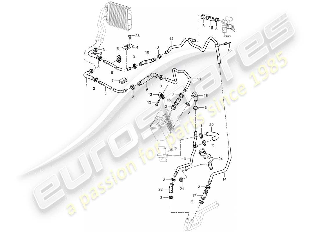 porsche 2008 (cayenne e1 9pa) heater rear air conditioning and auxiliary heater supply pipe return line heat exchanger coolant pipe part diagram