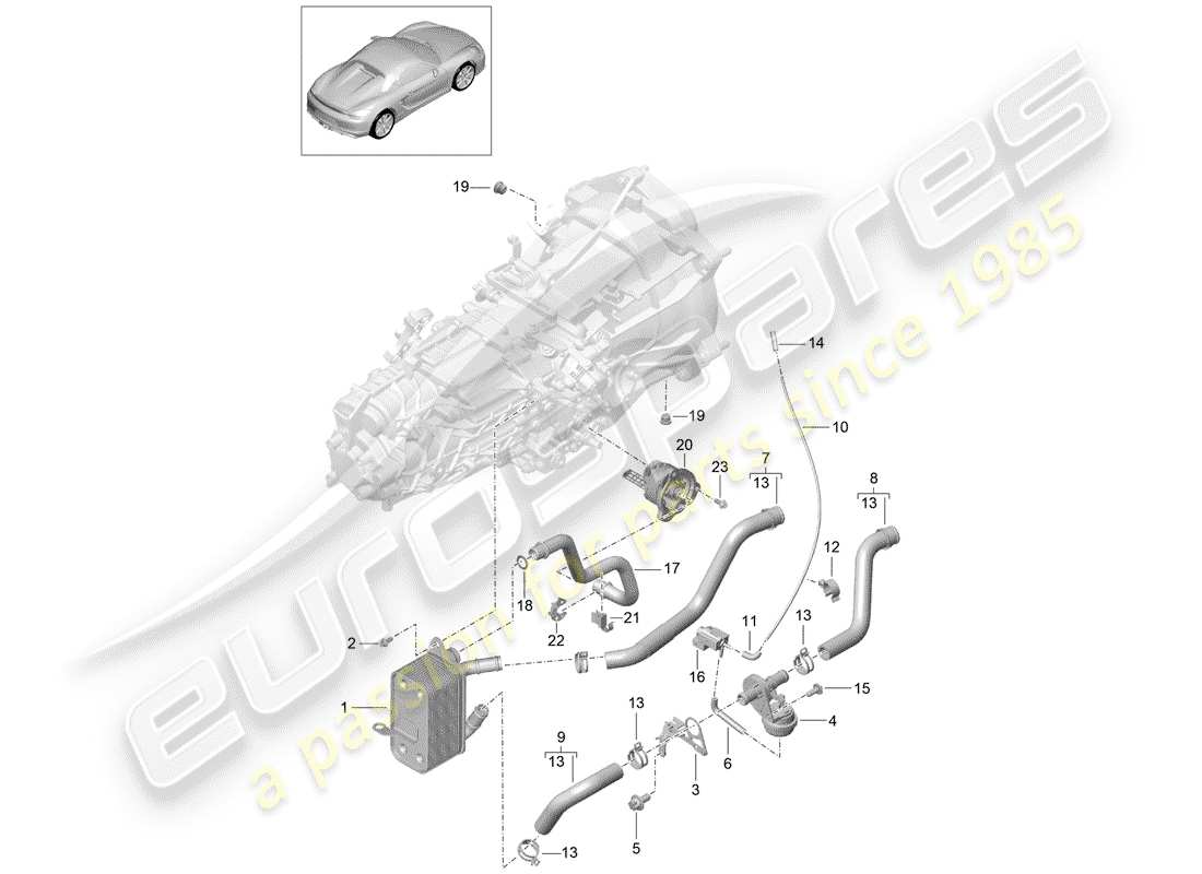 porsche 2016 (981 boxster spyder) manual gearbox heat exchanger oil pipe water pipe parts diagram