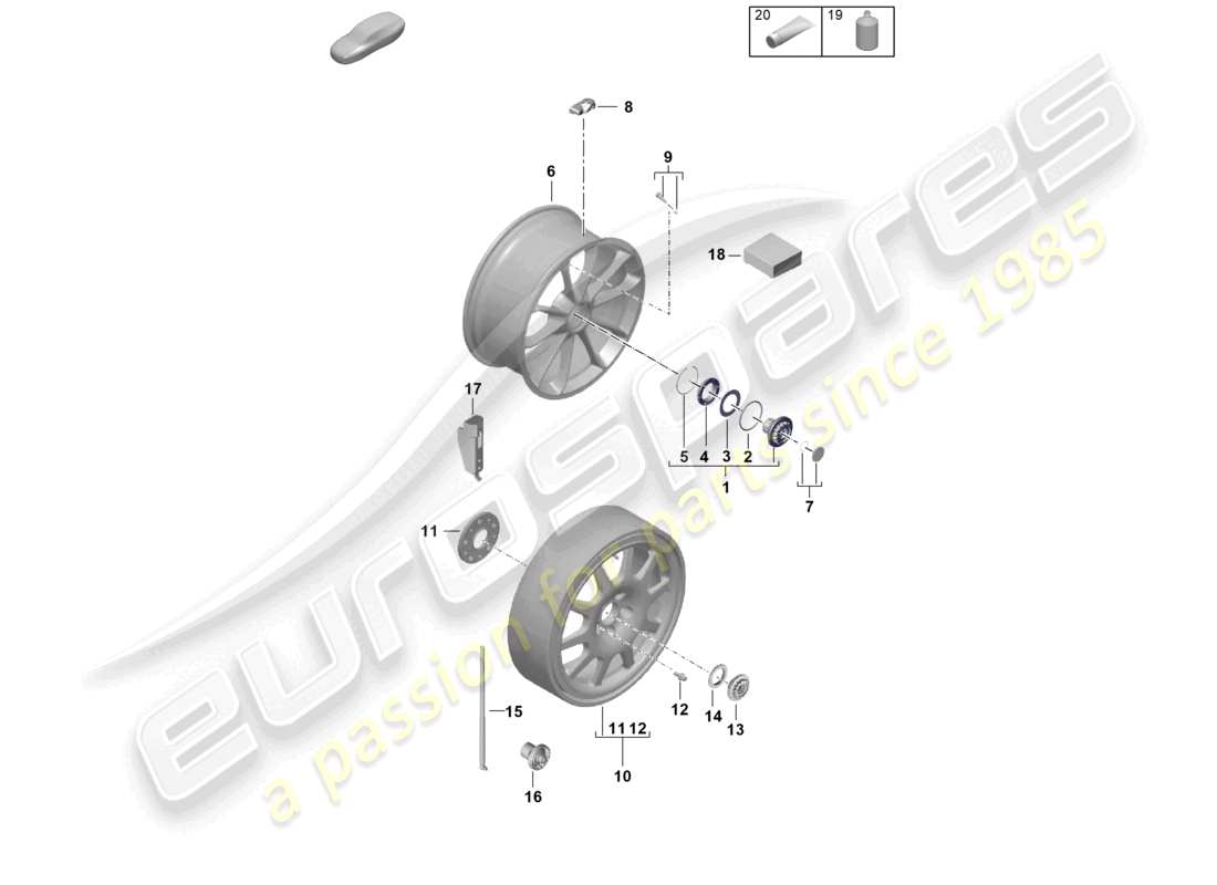 porsche 2020 (992-1) individual parts alloy wheel with central locking parts diagram