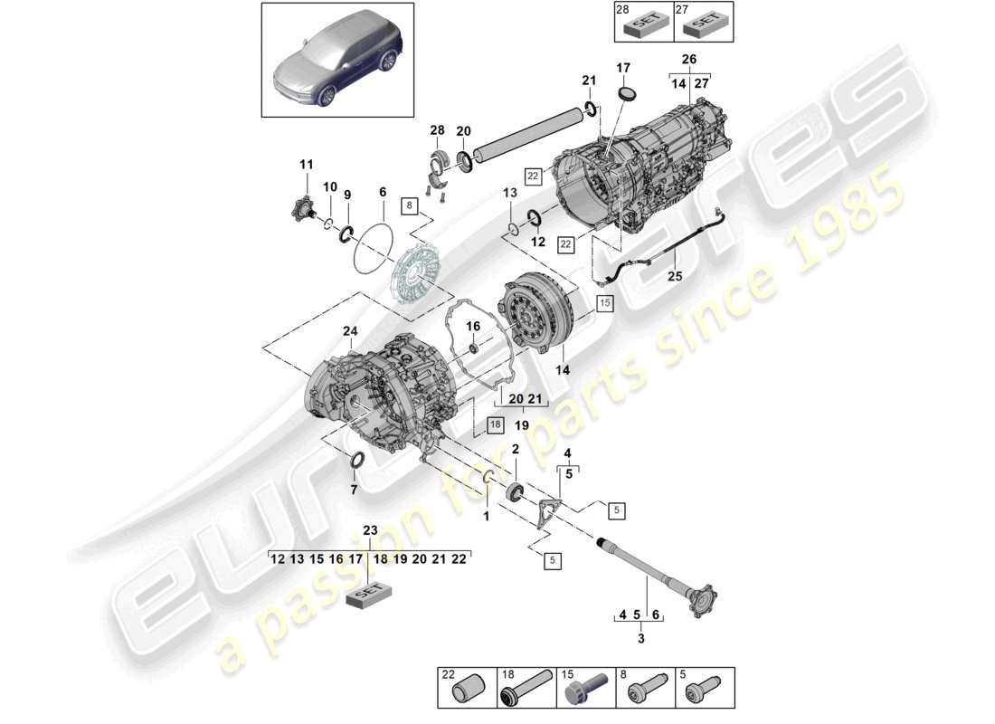 porsche 2019 (cayenne e3 9ya/9yb) 8-speed automatic gearbox for vehicles with hybrid drive flanged shaft converter parts diagram