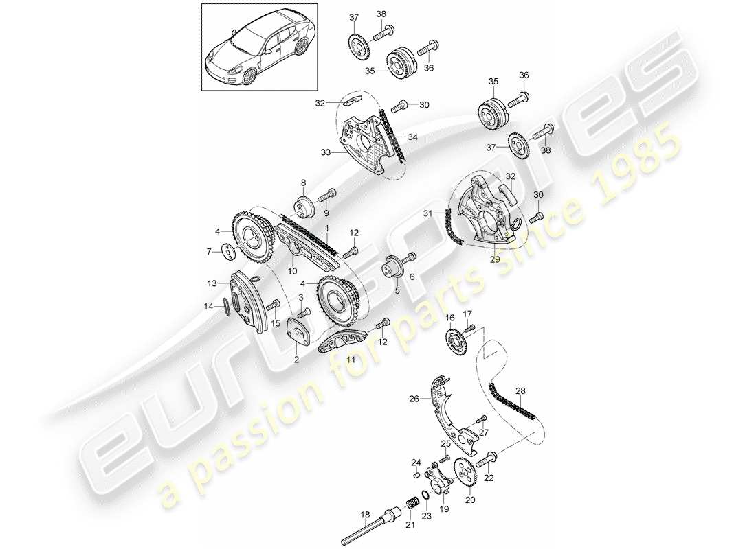 porsche 2010 (panamera 970) timing chain slide rail chain tensioner part diagram