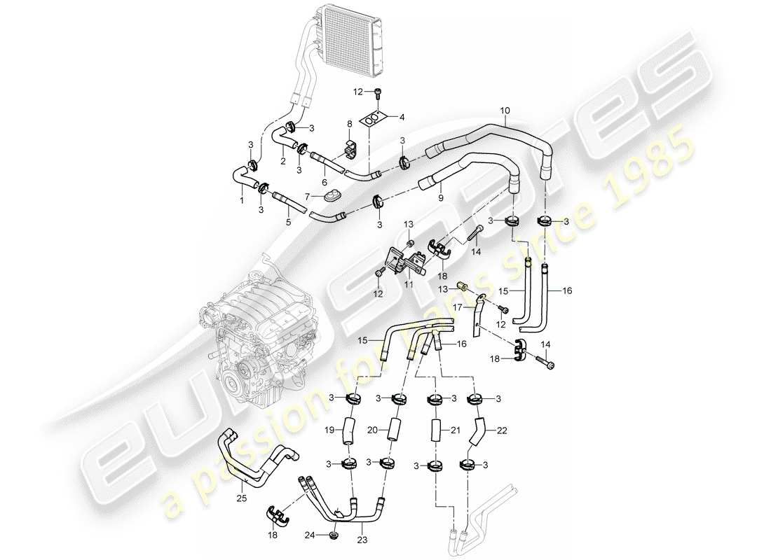 porsche 2005 (cayenne e1 9pa) air con./heating/aux. heater supply pipe return line part diagram