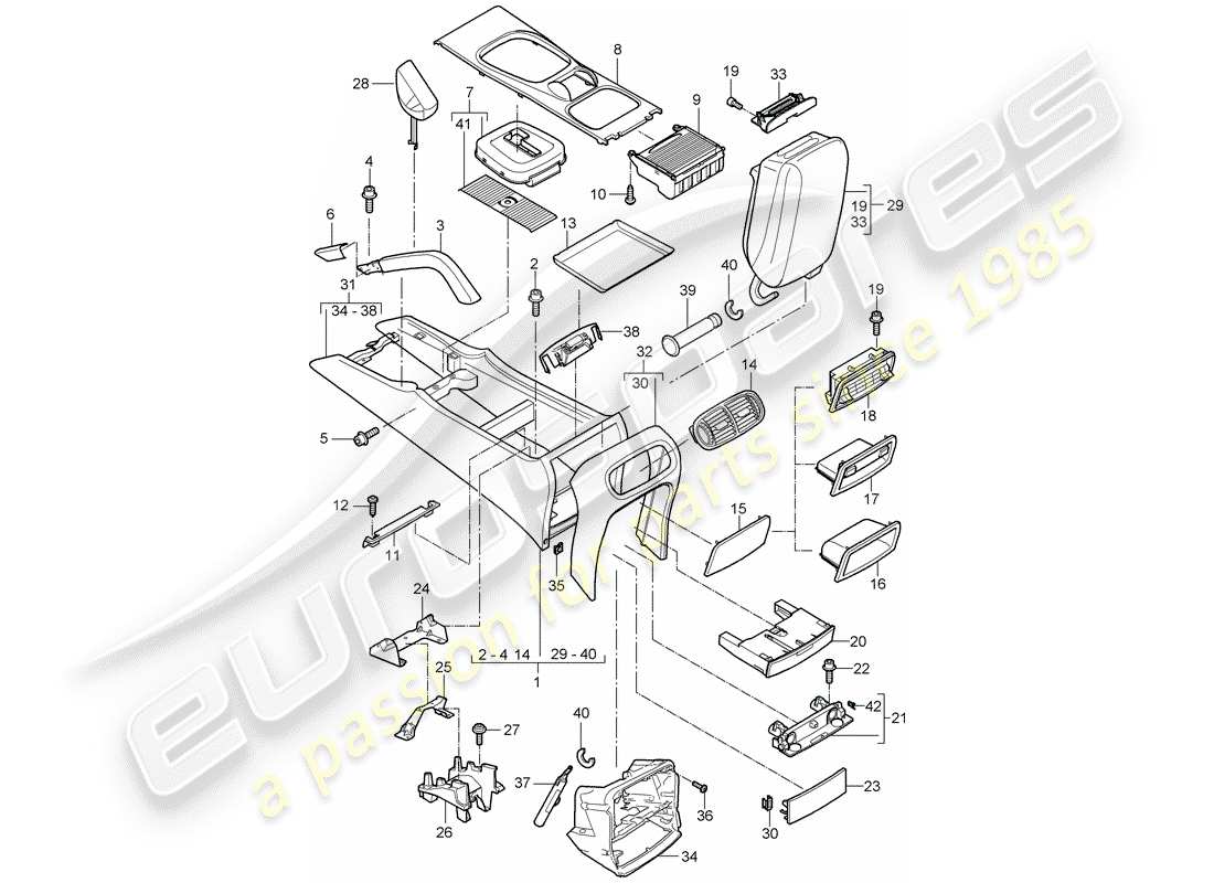 porsche 2004 (cayenne e1 9pa) centre console parts diagram