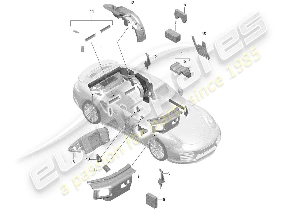 porsche 2014 (991-1 turbo) body sound absorbers d - mj 2017>> part diagram