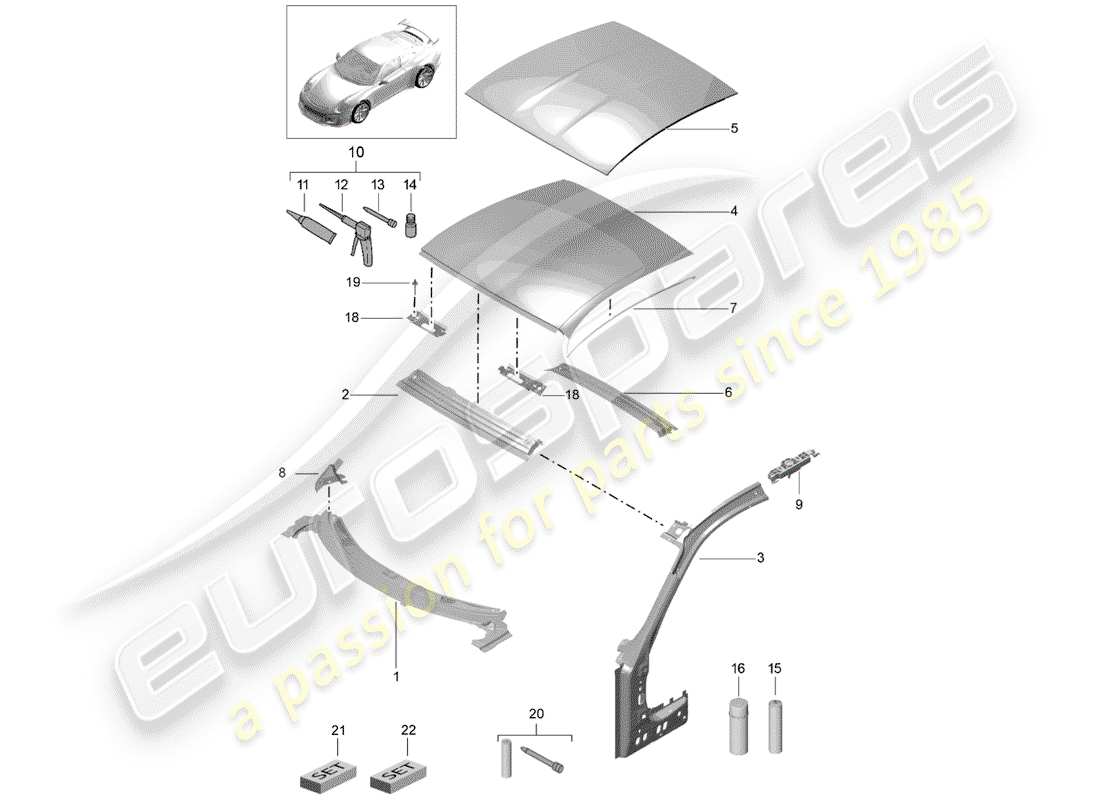 porsche 2014 (991-1 r/gt3/rs) scuttle roof part diagram