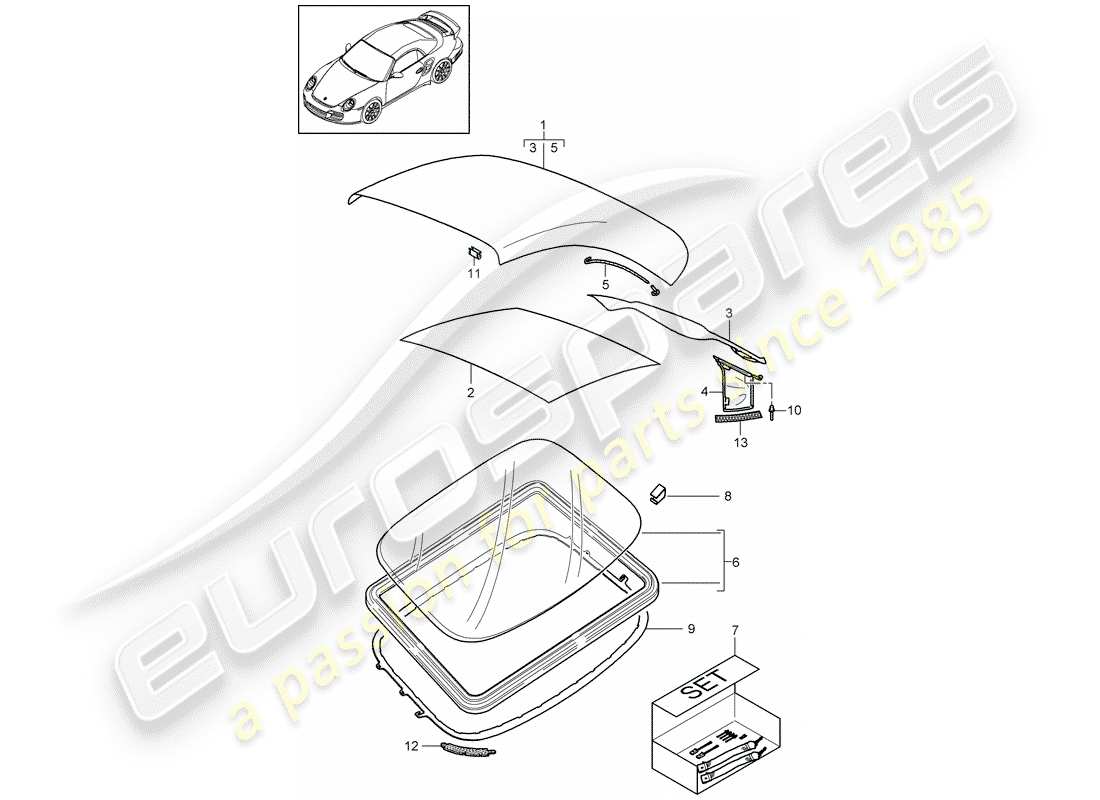 porsche 2013 (997-2 turbo / gt2 rs) convertible top covering parts diagram