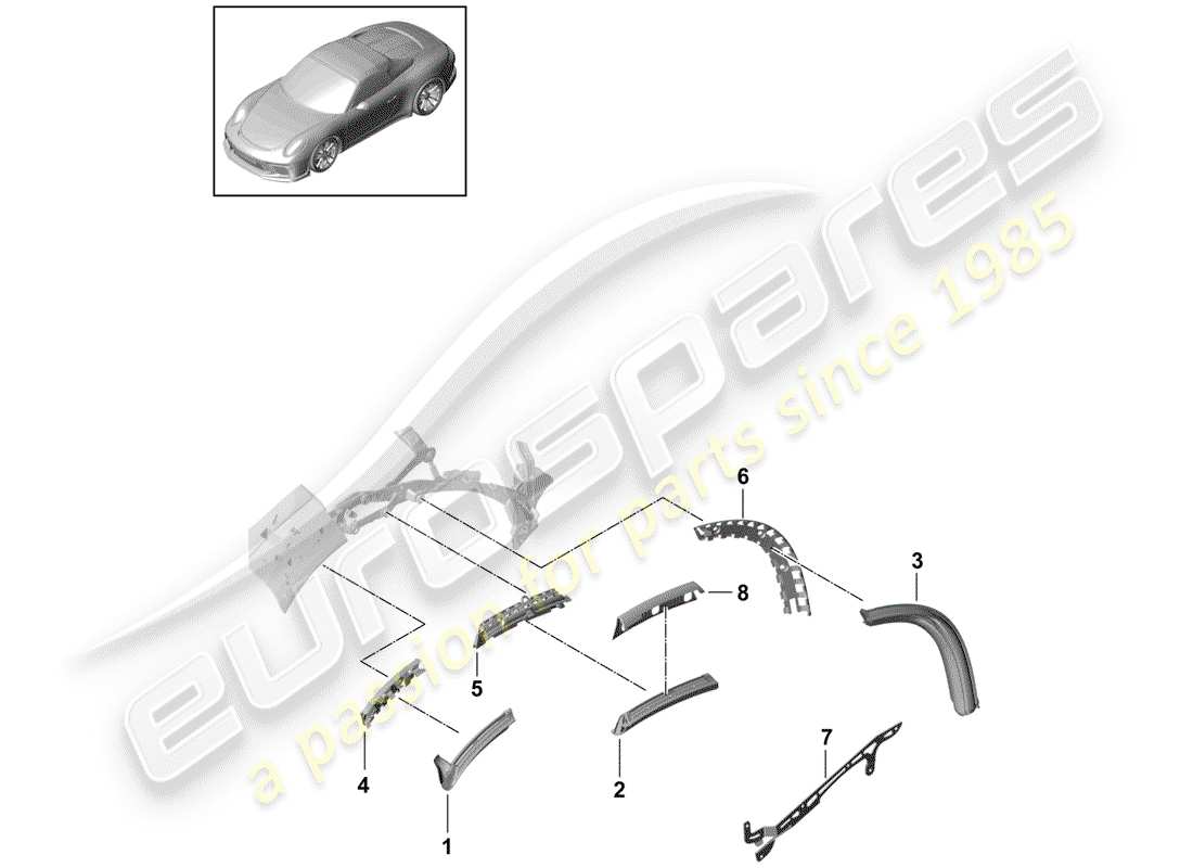 porsche 2016 (991-1 r/gt3/rs) convertible top gaskets part diagram