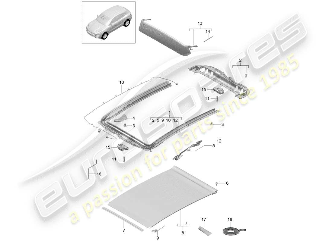 porsche 2016 (macan) glass roof frame accessories part diagram