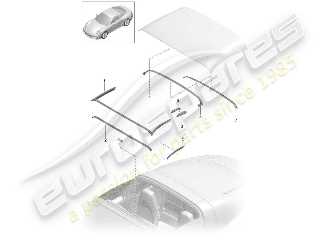 porsche 2016 (991-1) convertible top seal parts diagram