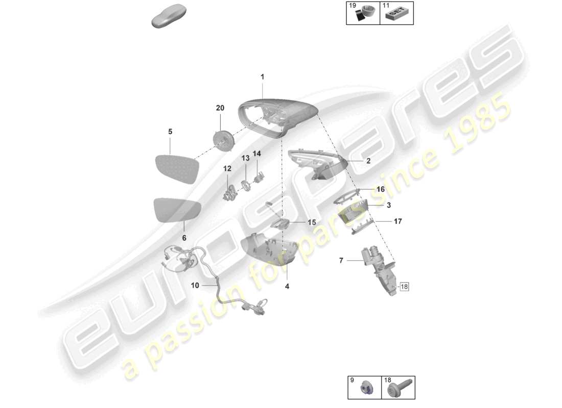porsche 2020 (992-1) exterior mirror parts diagram