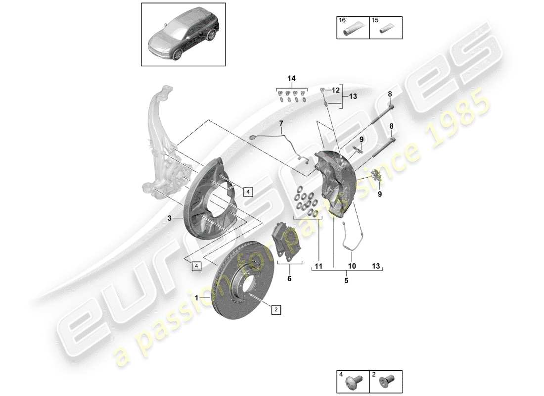 porsche 2018 (cayenne e3 9ya/9yb) disc brake 20 front axle parts diagram