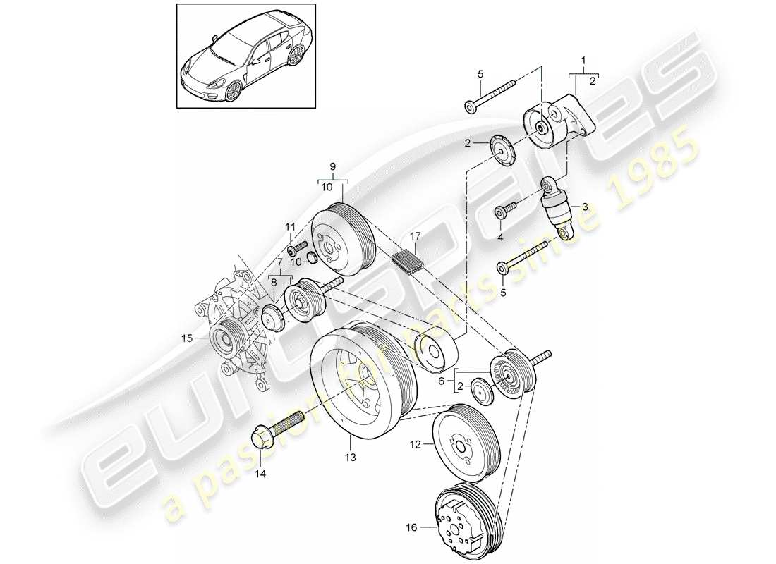 porsche 2010 (panamera 970) belt tensioner damper tensioning roller with securing parts idler pulley part diagram