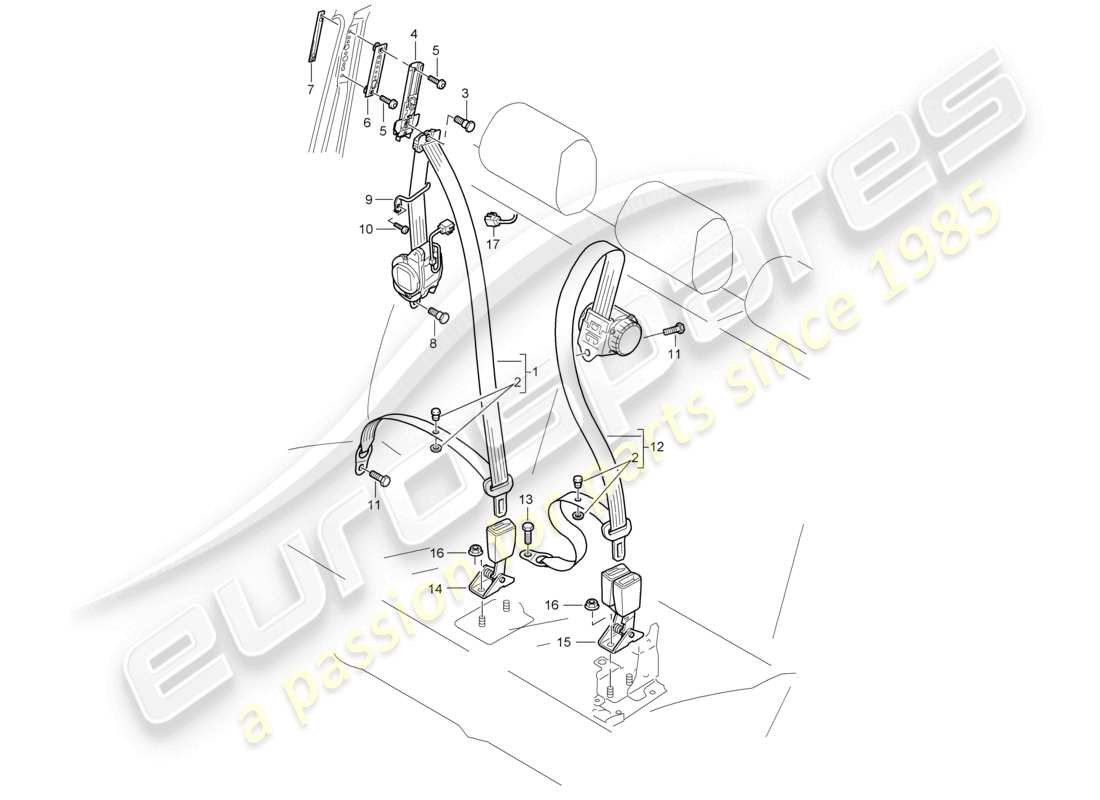 porsche 2010 (cayenne e1 9pa) three-point safety belt rear parts diagram